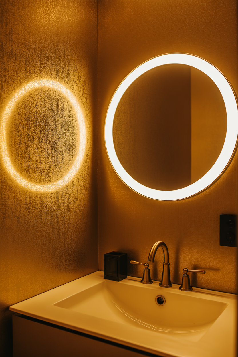Gold shimmer metallic wallpaper in a windowless powder room with an LED-lit mirror and warm brass fixtures amplifying the light