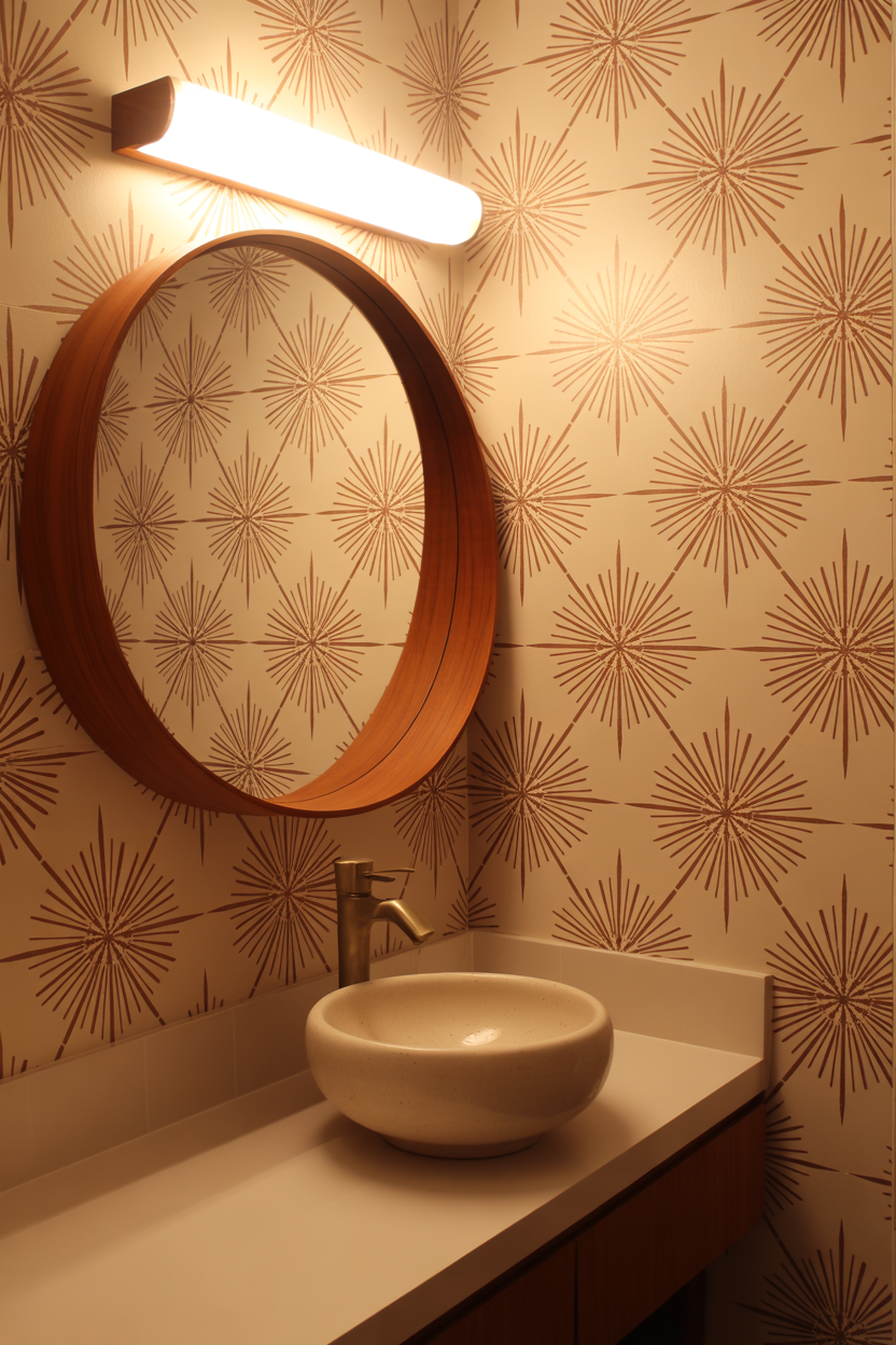 Mid-century modern atomic starburst wallpaper in terracotta and cream in a retro-styled powder room with teak mirror and gold faucet