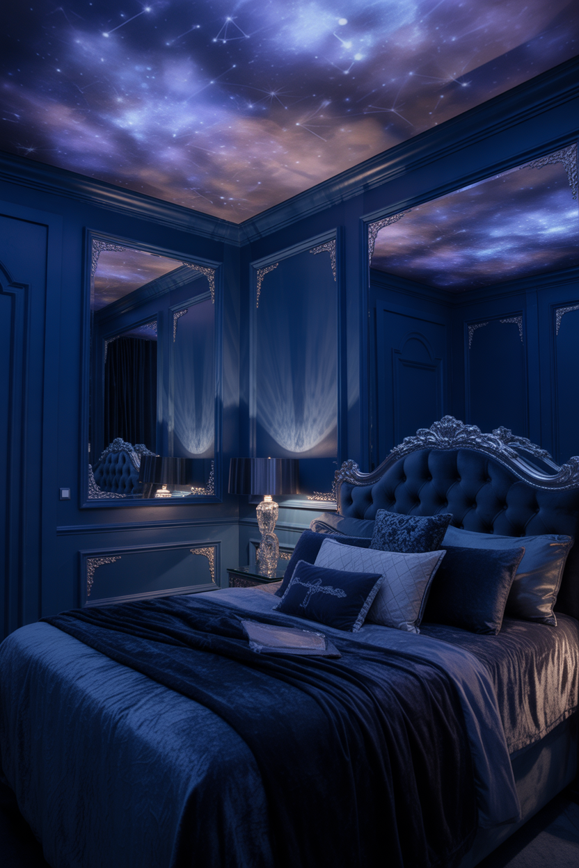 dark fantasy bedroom with blue walls and silver celestial decor