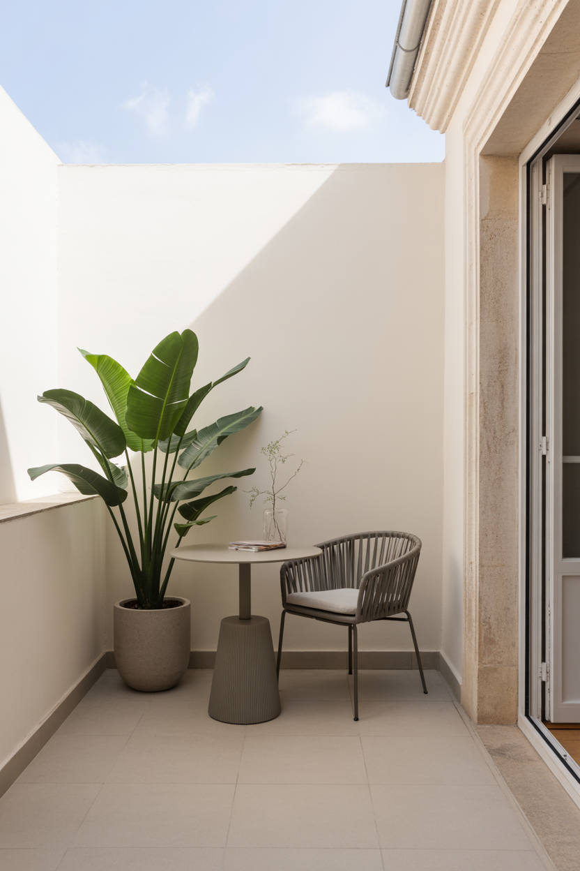 Minimal European balcony with one bold green statement plant