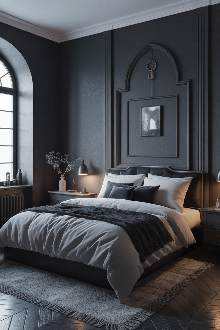 dark & moody bedroom ideas with minimalist gothic design