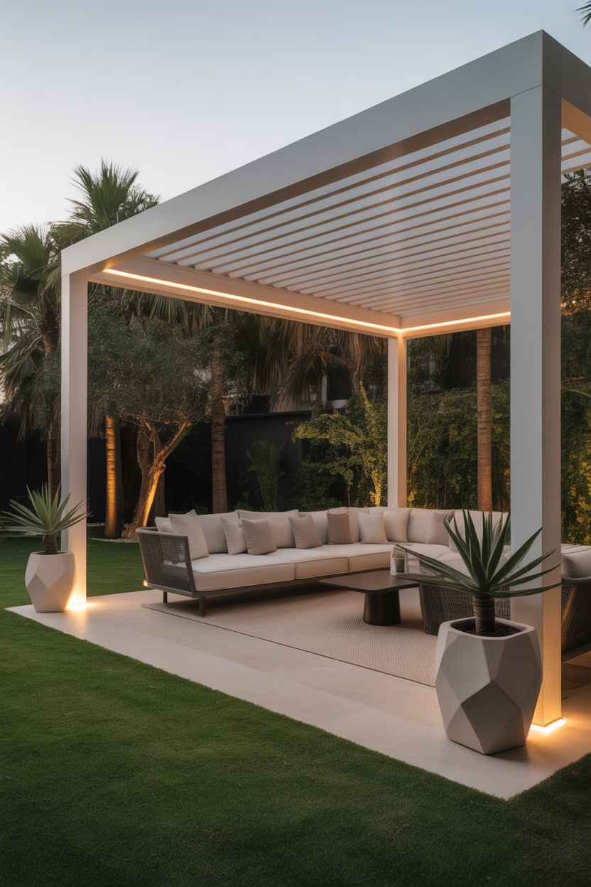 Minimalist pergola patio ideas with modern furniture and clean design