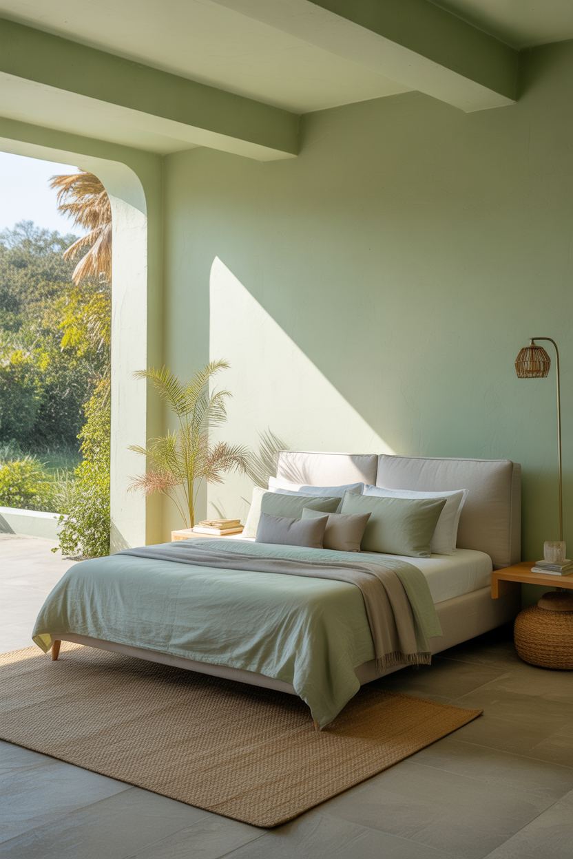 Mint green minimalist guest bedroom with airy natural accents