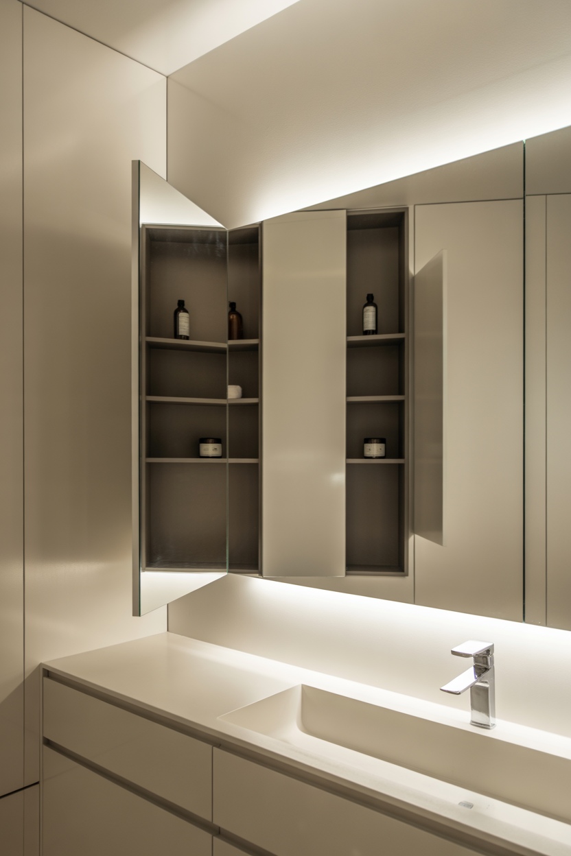 Mirror cabinet with hidden storage for small bathroom organization
