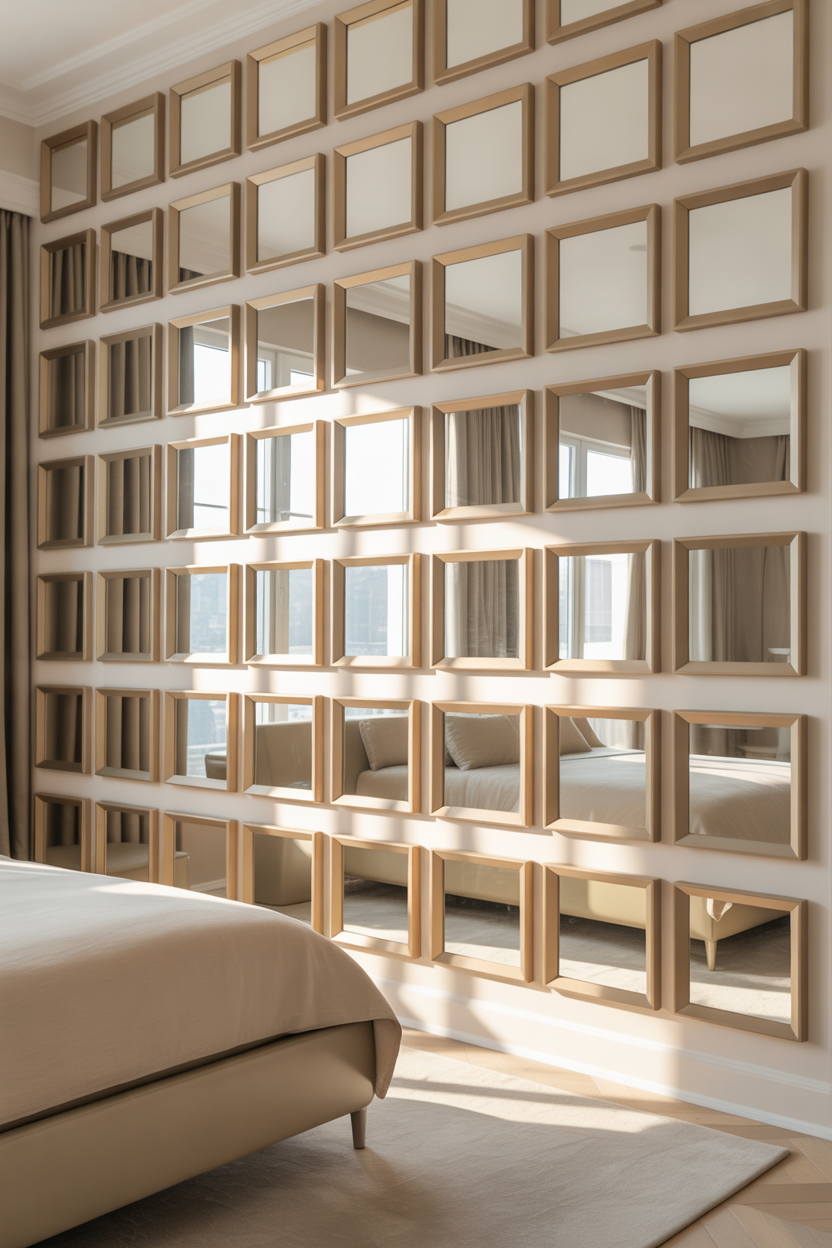 grid mirror wall decor in modern bedroom with natural light