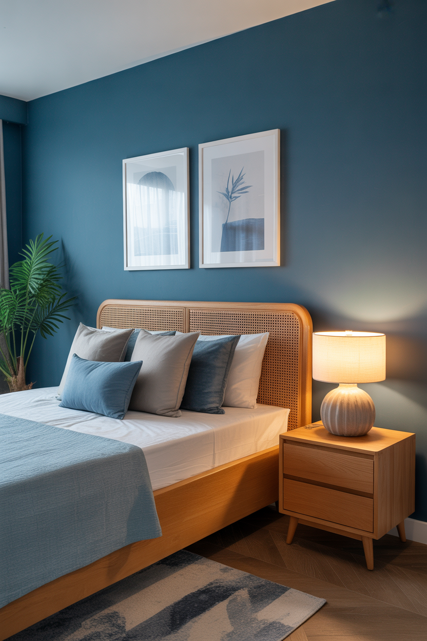 Ultra HD modern coastal blue guest bedroom with natural wood furniture, minimal decor, soft ambient night lighting, and relaxing cozy vibe