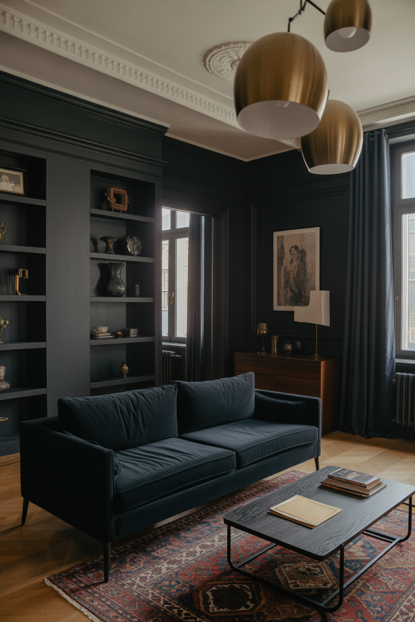 Modern dark academia living room with black furniture, navy velvet sofa, and brass vintage accessories in a contemporary apartment