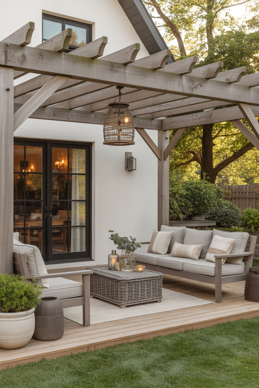 modern farmhouse pergola patio ideas attached to the home with cozy neutral decor