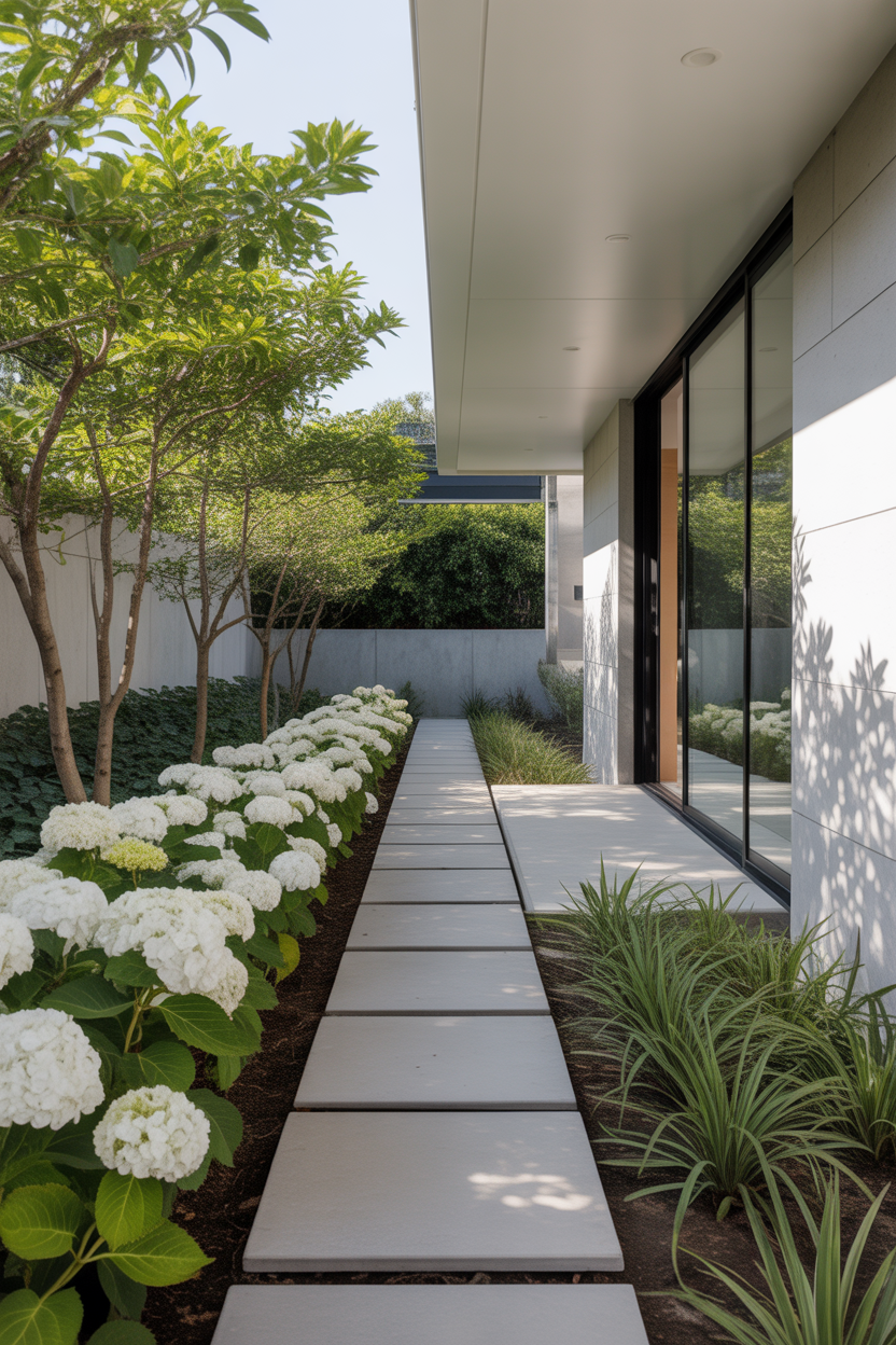 modern front yard hydrangea landscaping with clean white flower borders