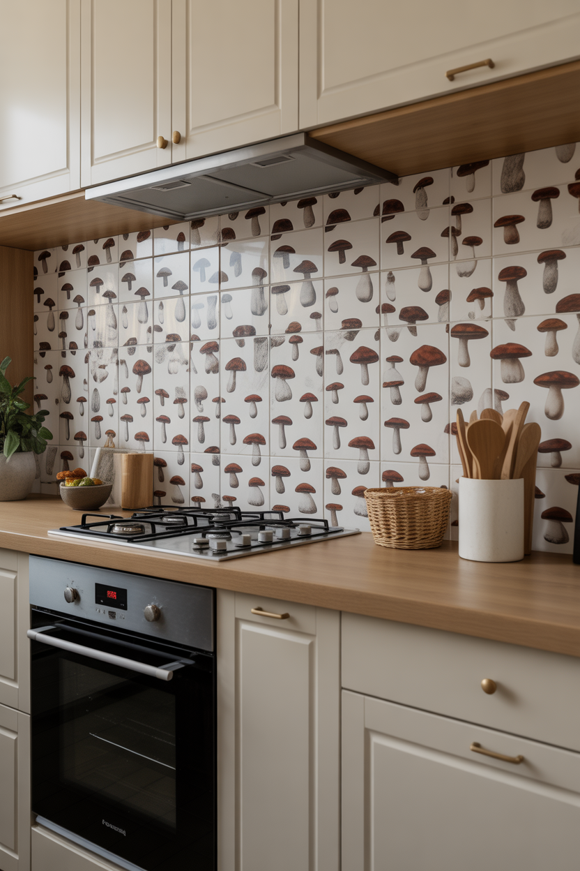 cottagecore kitchen with mushroom wallpaper accent wall and vintage style cabinets
