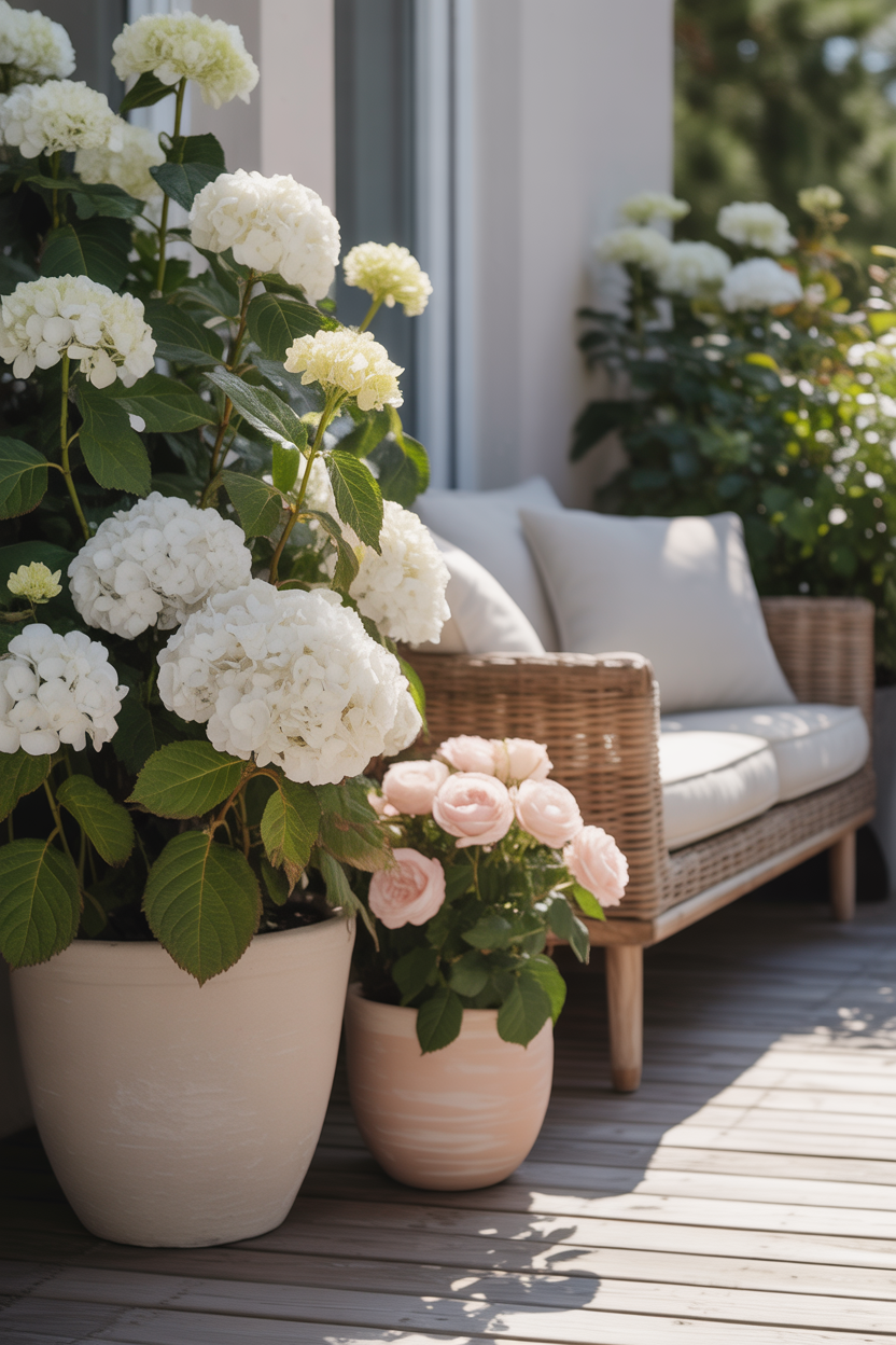 Monochrome flower container gardening ideas for elegant patios