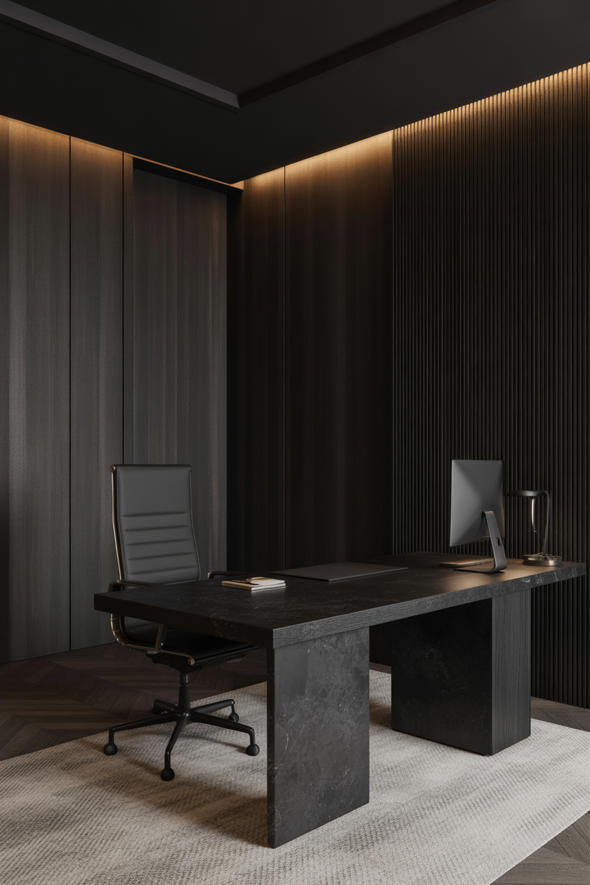 monochrome beige home office with minimal decor
