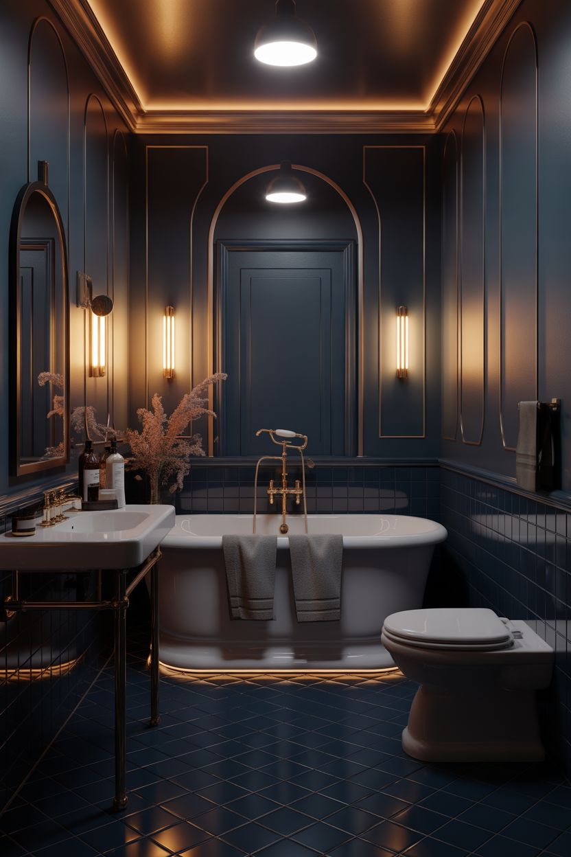 Dark moody Art Deco bathroom with warm lighting and luxury vibe