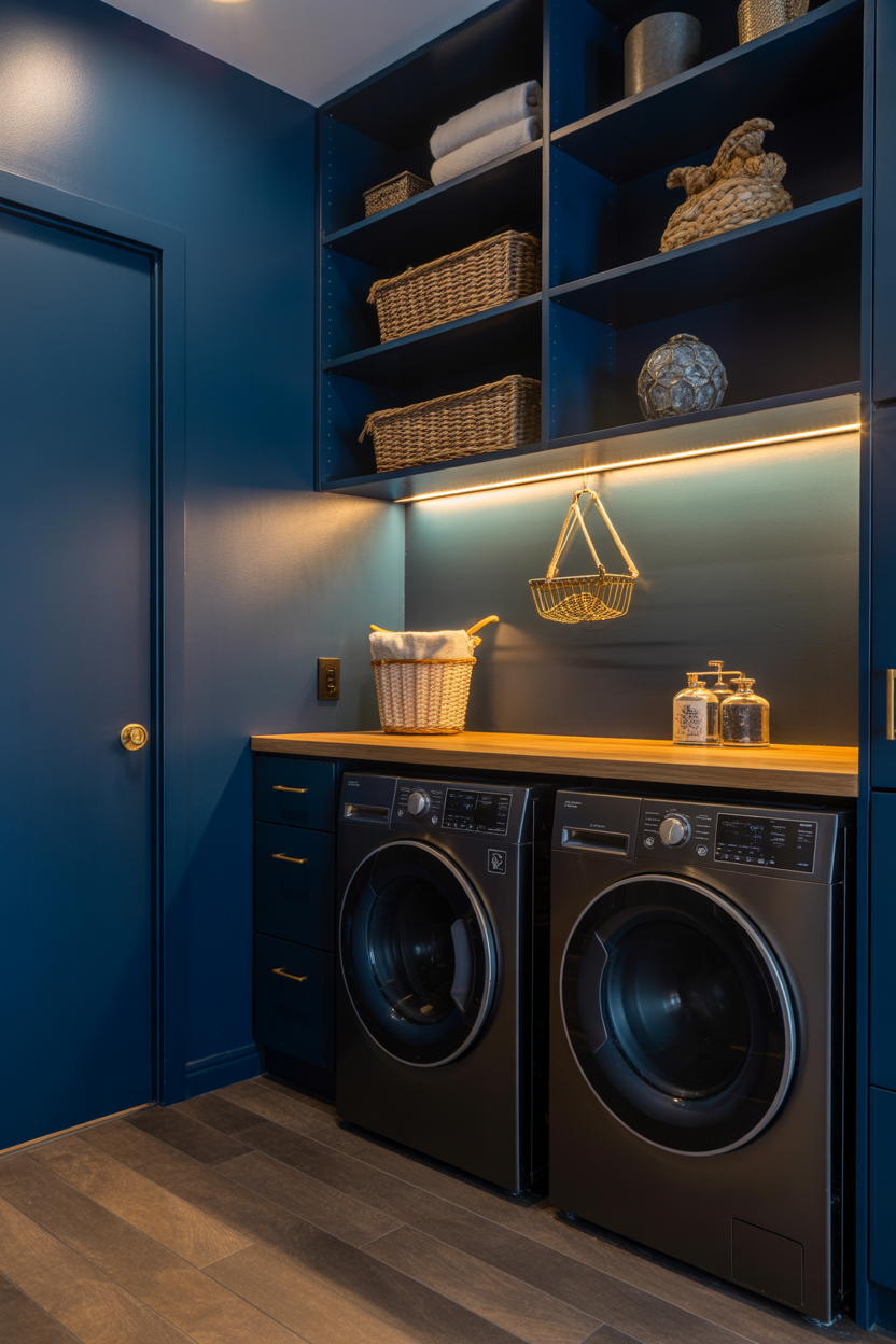 Moody dark blue laundry room with warm lighting and gold accents