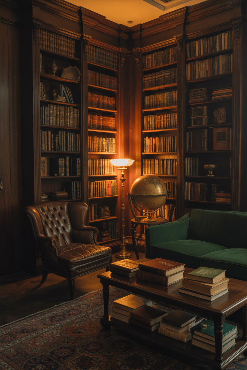 Moody gothic living room with velvet sofa, brass lamp, and vintage decor
