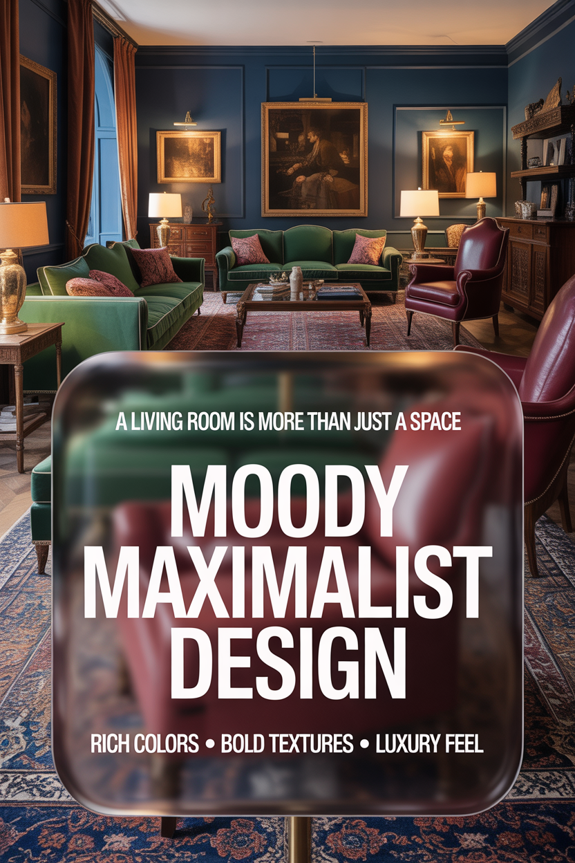 Moody maximalist living room with dark luxury decor, velvet sofa, rich textures, warm lighting, and bold artistic interior design for a cozy high-end space