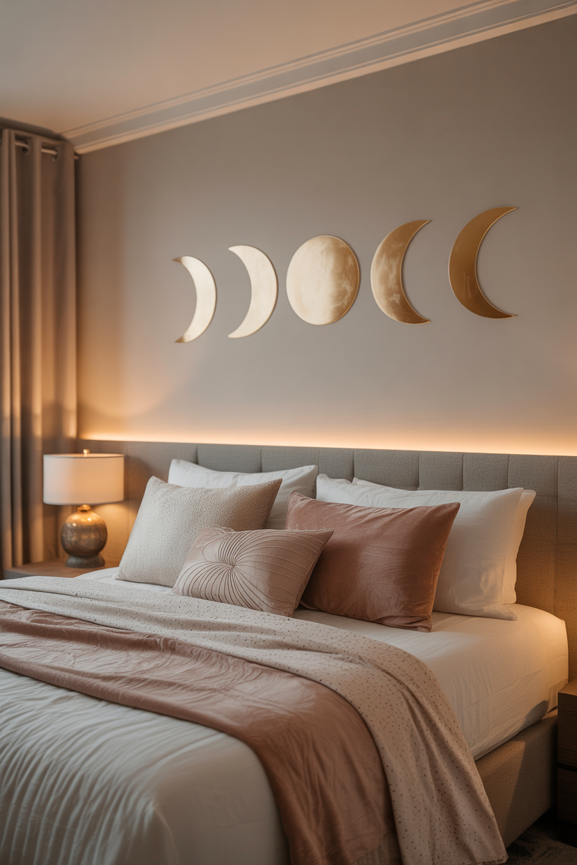 Moon phase wall art in a neutral boho bedroom with beige and gold aesthetic details