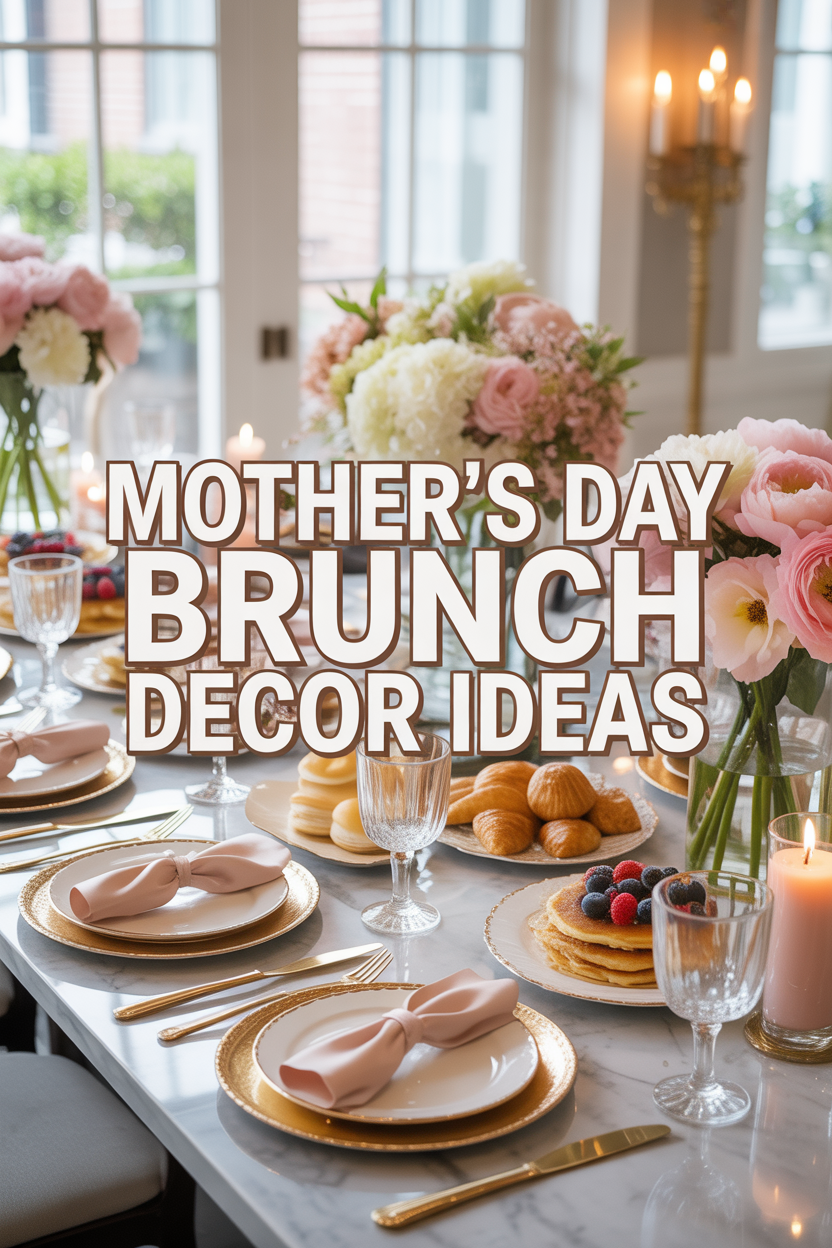 Luxury Mother’s Day brunch table setup with elegant decor, flowers, and gold accents