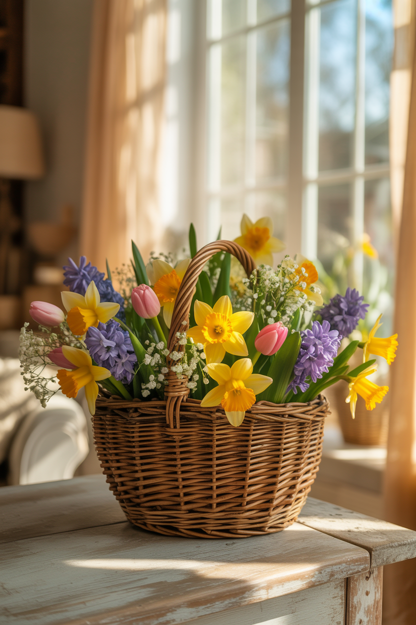 colorful Mother’s Day flower ideas with seasonal basket arrangement