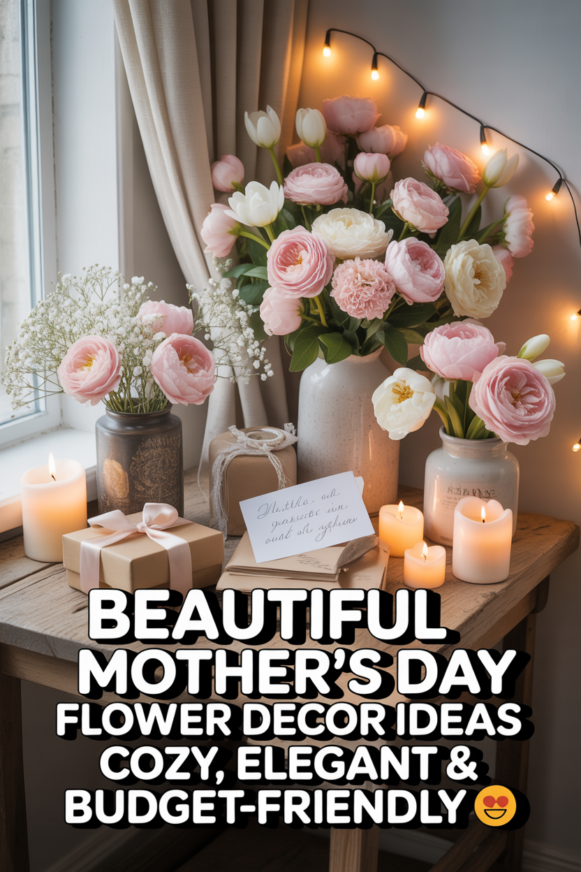 Cozy Mother’s Day flower decor ideas with elegant pastel floral arrangements and soft aesthetic setup