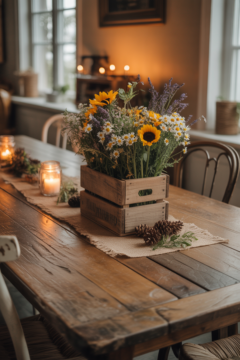 rustic Mother’s Day flower ideas with wooden box arrangement