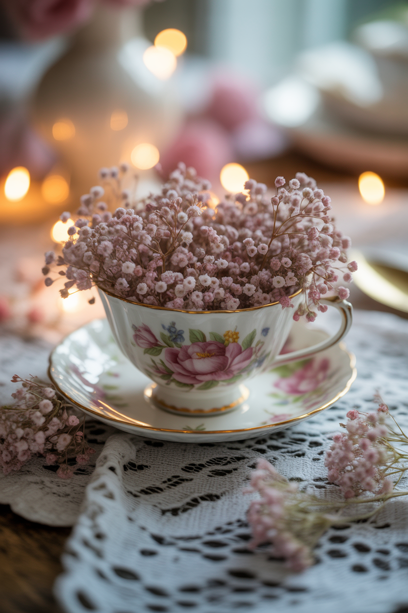 vintage Mother’s Day flower ideas with teacup floral arrangement