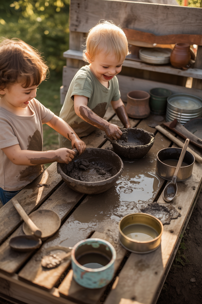 preschool summer mud kitchen activity outdoor sensory play