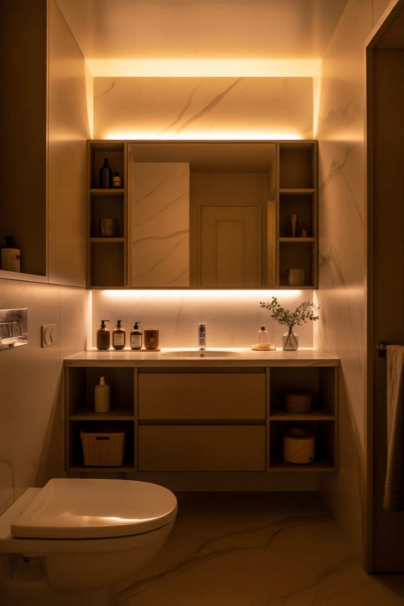 Multi-functional vanity, small bathroom storage, modern luxury design