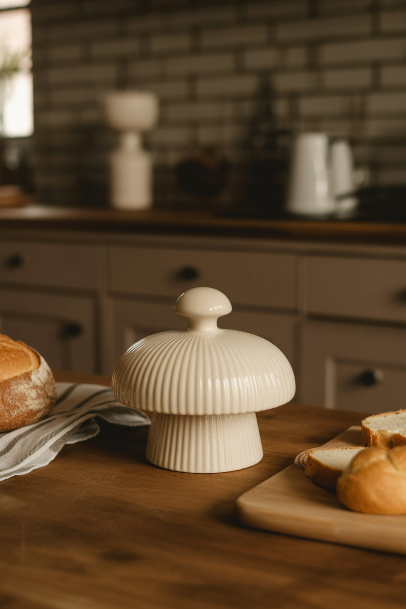 mushroom butter dish on rustic kitchen table with bread