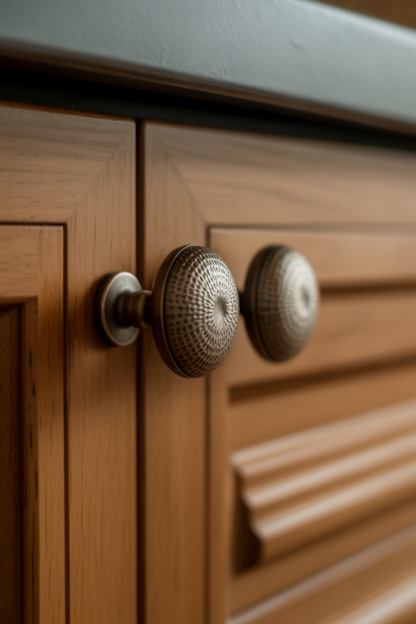 mushroom-shaped cabinet knobs on rustic wooden kitchen cabinets