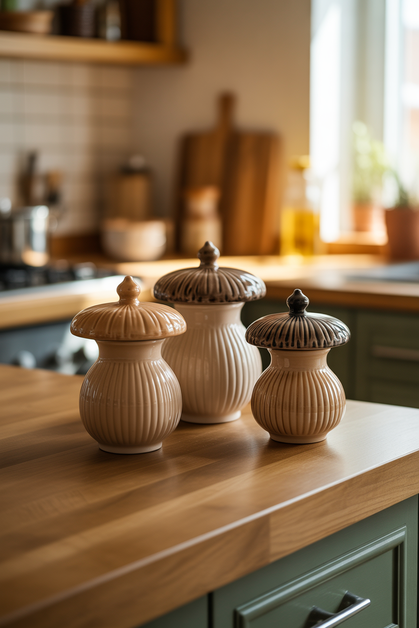mushroom ceramic kitchen canisters on rustic wooden counter