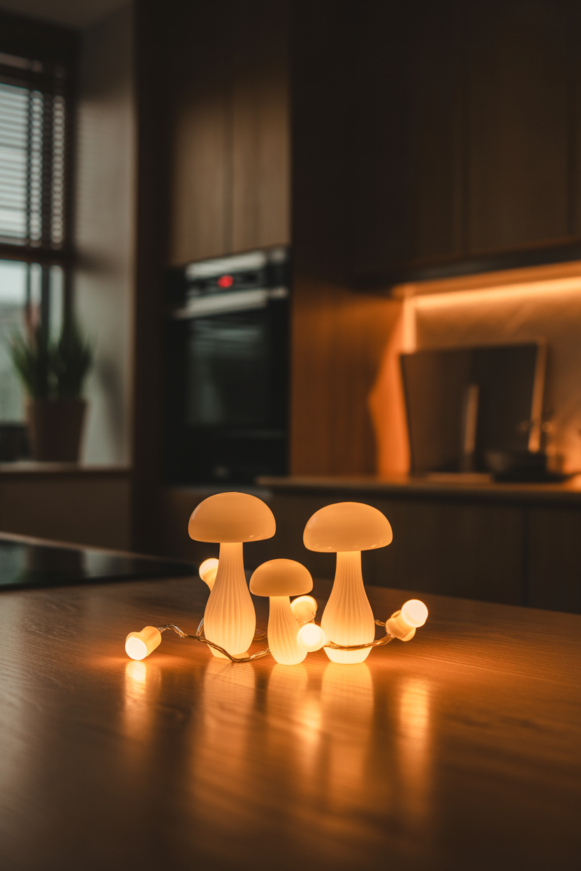 glowing mushroom fairy lights in cozy cottagecore kitchen