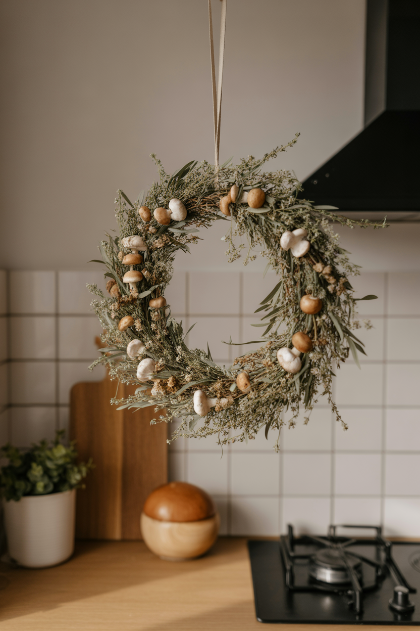 dried herb and mushroom wreath in rustic cottagecore kitchen