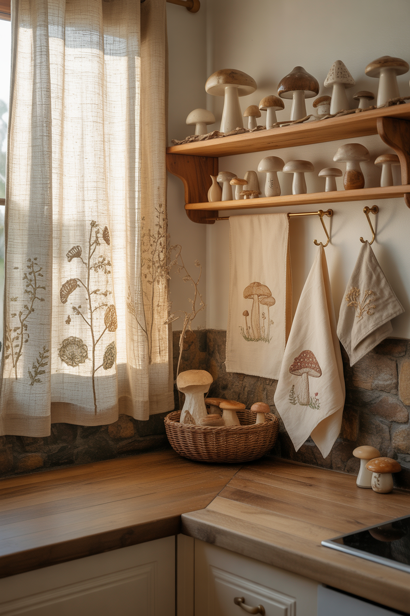 Mushroom kitchen wall and textile decor with embroidered fabrics and cozy cottagecore style