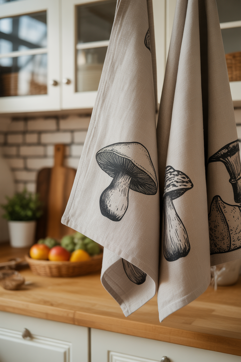 mushroom print linen tea towels in a cozy rustic kitchen