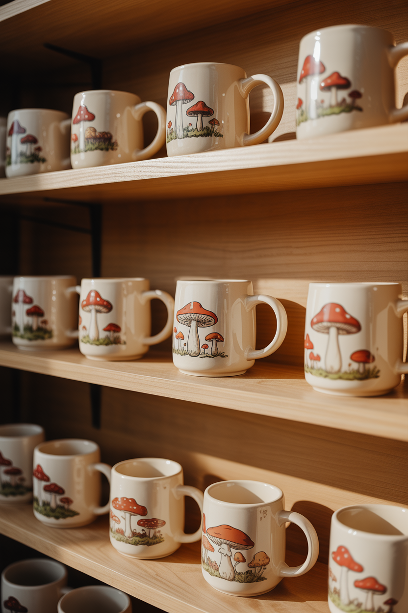 mushroom-themed mugs displayed on wooden shelves in a cottagecore kitchen