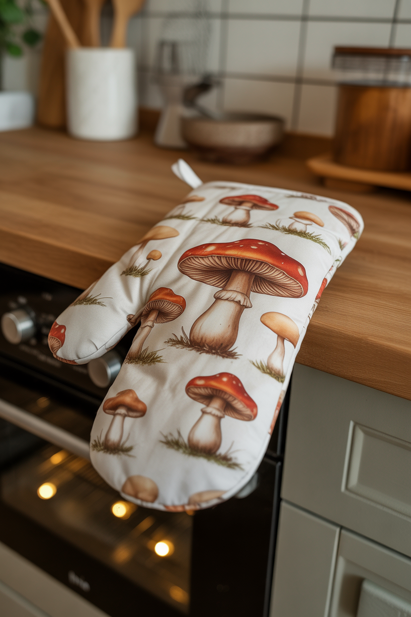 mushroom-themed oven mitts and pot holders in a cozy kitchen