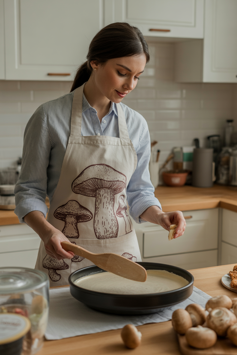 woman wearing mushroom apron in cozy cottagecore kitchen baking