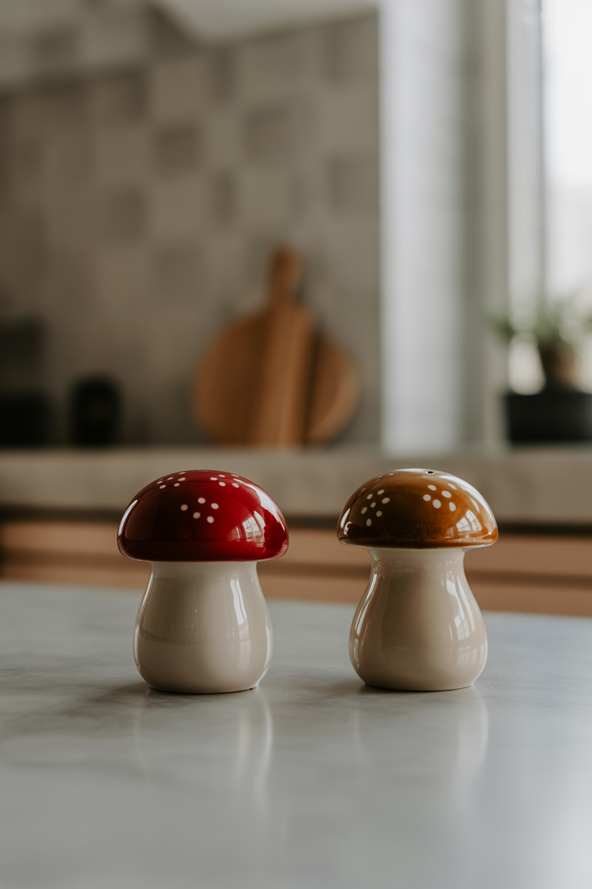 cute mushroom salt and pepper shakers on a cozy kitchen table