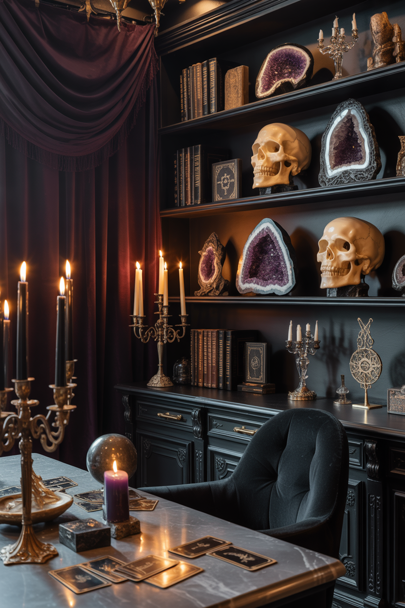 dark fantasy bedroom with crystals and mystical decor