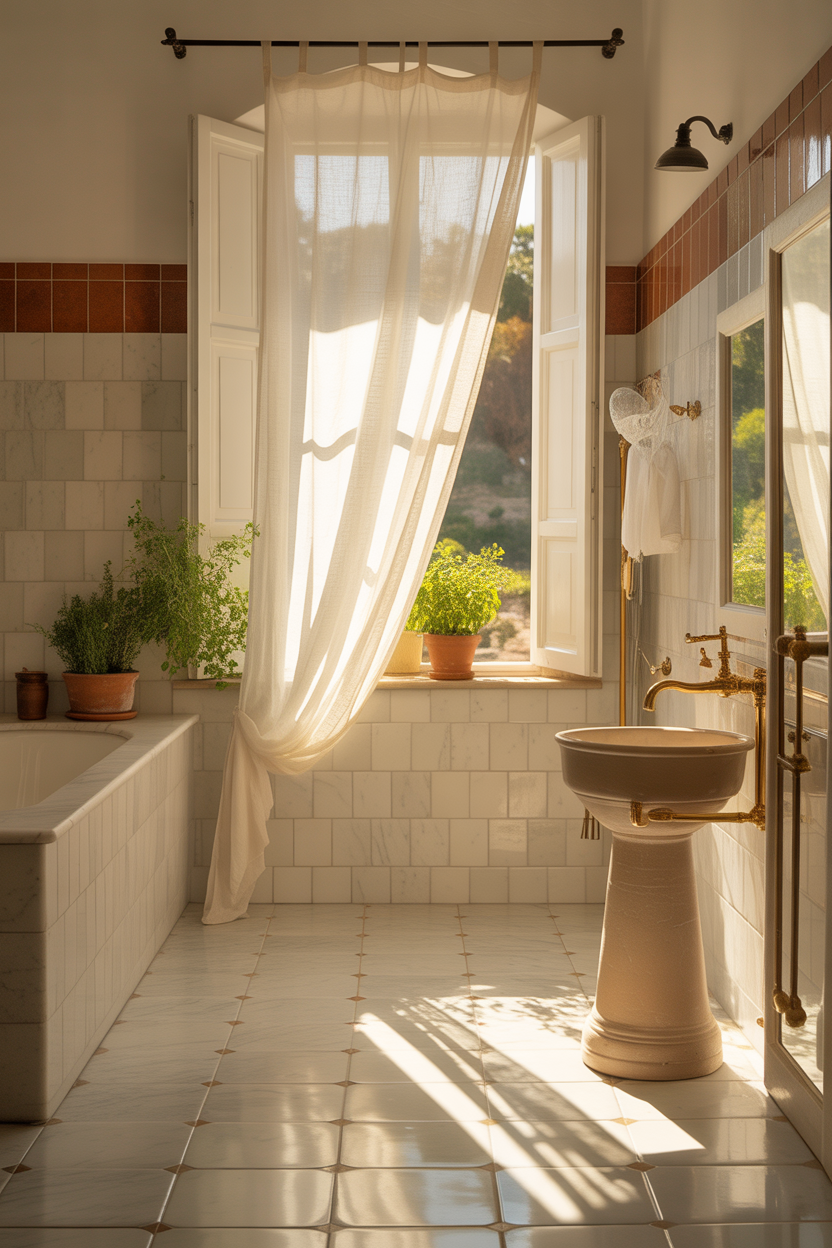 natural light old Italian bathroom ideas with sheer curtains