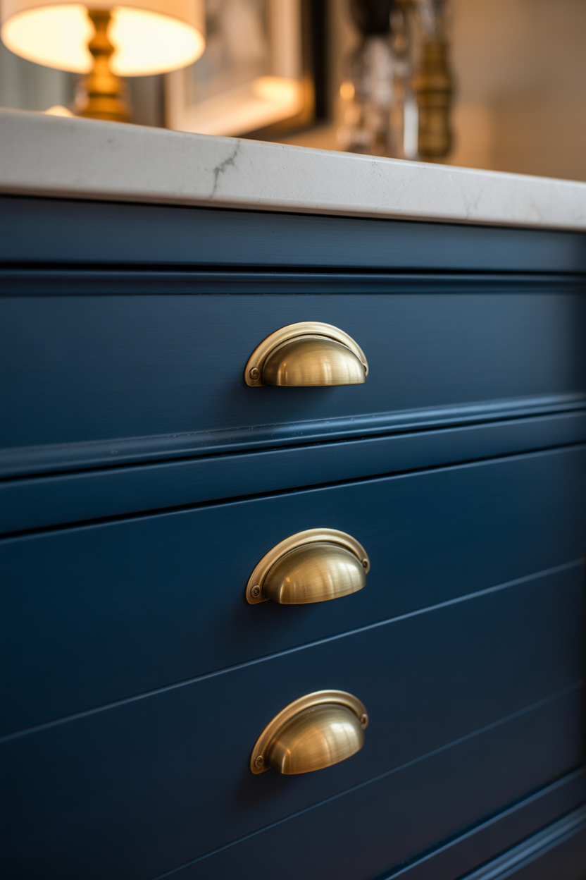 Navy blue cabinet with unlacquered brass hardware detail in the laundry room