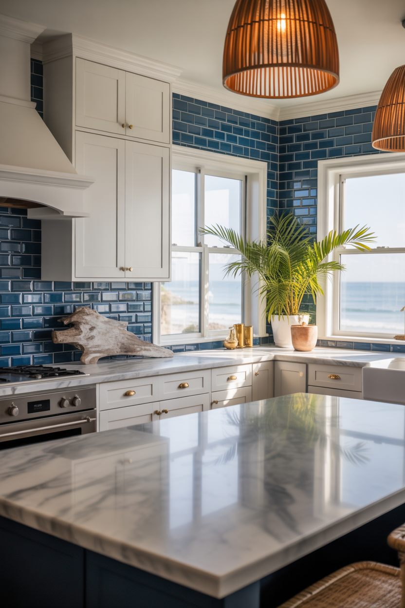 Navy blue coastal kitchen backsplash with bold contrast and luxury feel