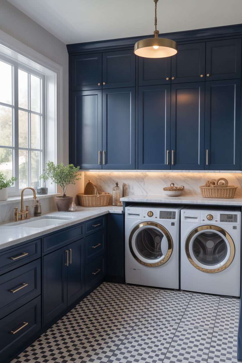 luxury navy blue laundry room with gold hardware and marble countertop