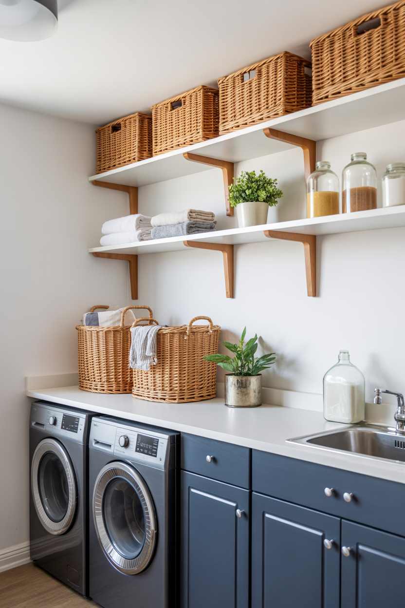 Navy blue lower cabinets with white open shelving in a styled laundry room