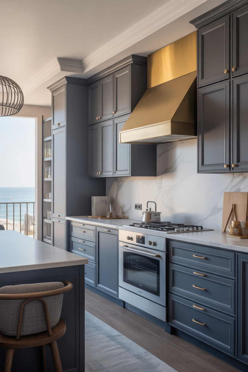 Muted navy coastal kitchen cabinets with bold and elegant beach style