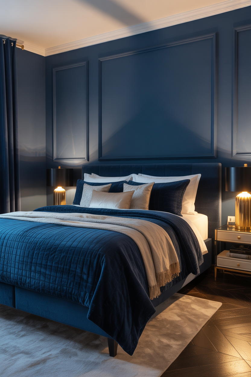 Ultra HD navy and gold blue guest bedroom with plush velvet bedding, cozy lighting, and luxurious hotel-inspired decor