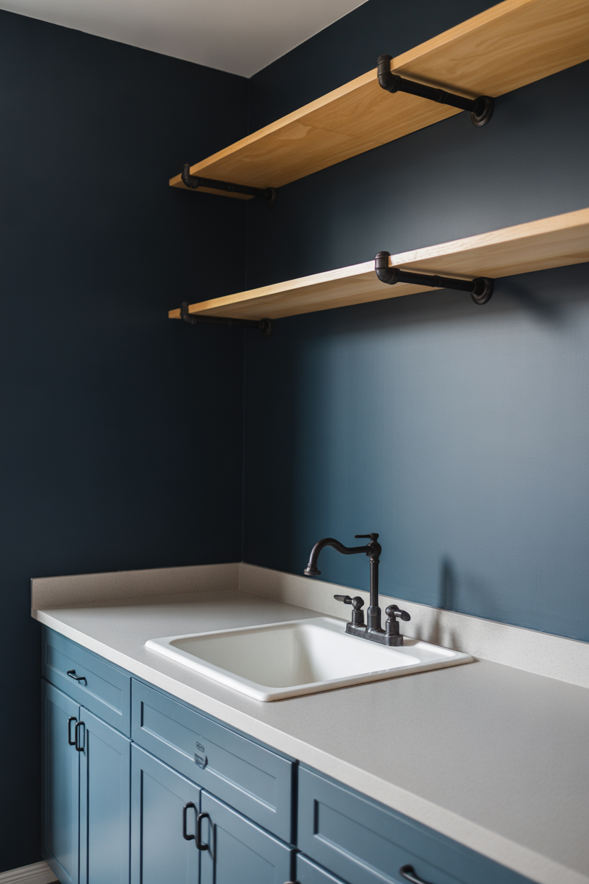 Dark blue laundry room with matte black hardware and industrial style accents