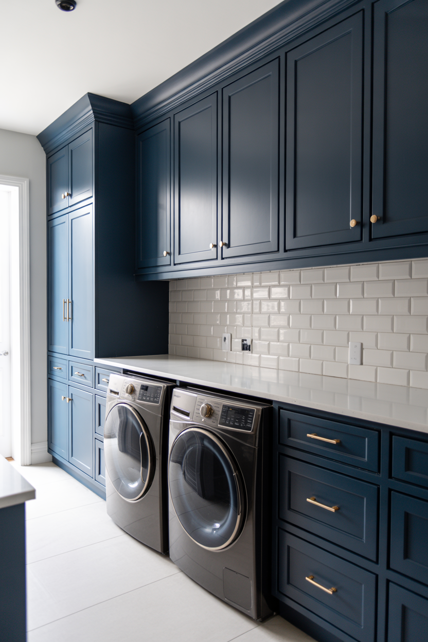 Floor-to-ceiling navy shaker cabinets with gold hardware in a luxury laundry room