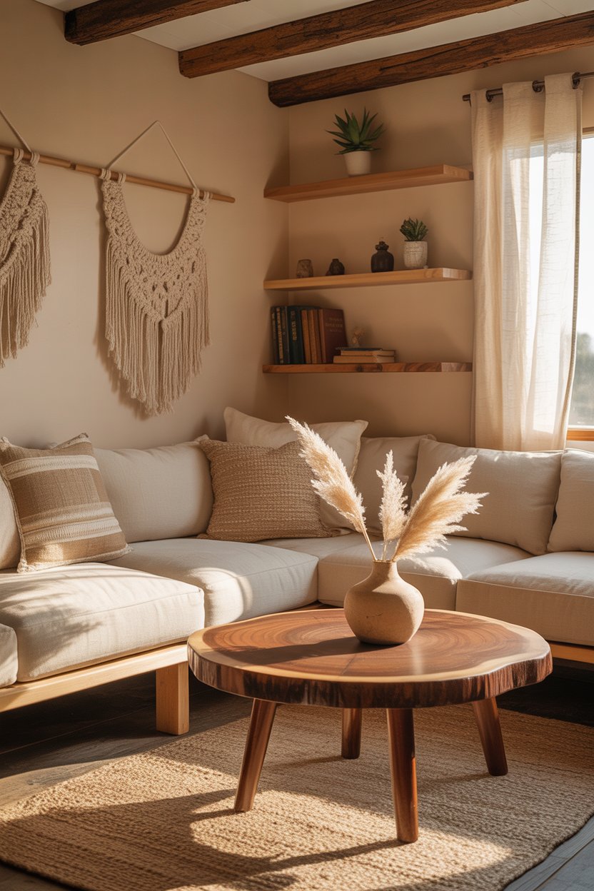 Boho tiny house living room with neutral, earthy colors and cozy design